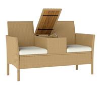 Outsunny Panchina da Giardino a 2 Posti in Rattan e Acciaio, Panchina da Esterno con Cuscini e Tavolino a Ribalta con Spazio Portaoggetti Nascosto, Divano da Esterno, 134x58x82 cm, Crema e Cachi