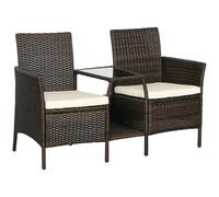 Outsunny Panchina da Giardino a 2 Posti in Rattan e Acciaio, Panchina da Esterno con Cuscini Rimovibili e Tavolino con Piano in Vetro Temperato, Divano da Esterno, 138x60x87 cm, Marrone
