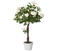 Outsunny Pianta Finta di Camelia da 21 Fiori con Vaso Riempito in Cemento e Muschio, Pianta Artificiale in Plastica e Tessuto, Ø18x90 cm, Bianco e Verde