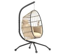 Outsunny Poltrona Sospesa a Uovo con Gancio Regolabile, 2 Cuscini Lavabili e Portabicchieri, Sedia a Dondolo da Giardino Pieghevole, Base a X in Acciaio, per Interni ed Esterni, 120x88x192 cm, Cachi