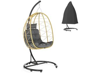 Outsunny Poltrona Sospesa 150kg max con Cesto Pieghevole e Cuscini, Poltrona a Dondolo da Giardino in Acciaio e Rattan PE, 102x102x195 cm, Nera Grigia e Beige