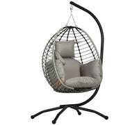 Outsunny Poltrona Sospesa a Uovo con Gancio, Cuscino Imbottito e Poggiatesta, Sedia a Dondolo da Giardino Pieghevole, Base a X in Acciaio, per Interni ed Esterni, 110x100x188 cm, Grigio