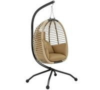 Outsunny Poltrona Sospesa a Uovo con Gancio, Cuscino Imbottito e Poggiatesta, Sedia a Dondolo da Giardino Pieghevole, Base a X in Acciaio, per Interni ed Esterni, 110x100x188 cm, Beige