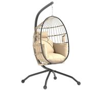 Outsunny Poltrona Sospesa a Uovo con Gancio Regolabile, 2 Cuscini Lavabili e Portabicchieri, Sedia a Dondolo da Giardino Pieghevole, Base a X in Acciaio, per Interni ed Esterni, 120x88x192 cm, Cachi