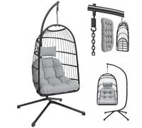 Outsunny Poltrona Sospesa a Uovo in Rattan con Telaio in Metallo, Sedia Sospesa da Esterno Pieghevole con Altezza Regolabile, Cuscino, Poggiatesta, Base X, per Interni Esterni Giardino, Grigio Chiaro