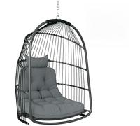 Outsunny Poltrona Sospesa a Uovo in Rattan con Gancio, Cuscini Imbottito e Poggiatesta, Sedia a Dondolo da Giardino Pieghevole in Acciaio, per Interni ed Esterni, 74x68x105cm, Grigio Scuro