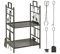 Outsunny Portalegna Interno Esterno 2 Ripiani 51.5x33x77cm Oro e Nero | Metallo, Portalegna da Ardere, Scopa, Paletta, Pinza, Attizzatoio e Manici, Base Porta Legna Rialzata, Decori