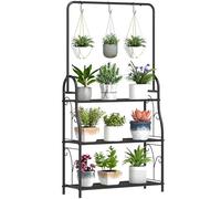 Outsunny Portapiante a 3 Livelli con Barra Appendiabiti e Ganci, Scaffale in Metallo per Fiori e Vasi, per Interno ed Esterno, Balcone, Soggiorno, Camera da Letto, Nero