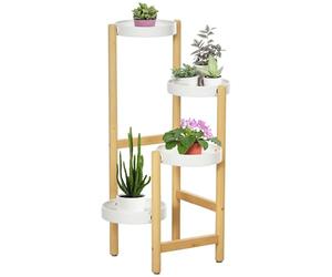 Outsunny Portapiante a 4 Ripiani a Vassoio per Interni ed Esterni, Scaffale Porta Piante in Bambù e Metallo, 28x28x80 cm, Bianco e Color Legno