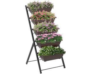 Outsunny Portapiante Rialzato 5 Livelli con 5 Vasi 55x63x120 cm Marrone | con Fori di Drenaggio, Portavasi Verticale, in Acciaio e Plastica