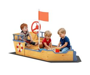 Outsunny Sabbiera per Bambini in Legno a Forma di Nave dei Pirati con Vano Contenitore, Gioco da Giardino 158x78x45.5cm