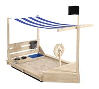 Outsunny Sabbiera per Bambini in Legno di Abete con Tettuccio regolabile e Set da Cucina Giocattolo, Sabbionaia per Bambini con 2 Sedili, 180x103x144.5 cm, Color Legno