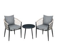 Outsunny Salon de jardin 2 persone 3 pezzi 2 poltrone con cuscini tavolino rotondo piano in vetro temperato corda intrecciata grigio