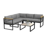 Outsunny Salotto da Giardino con Divano e Tavolino, Set 6 Pezzi in Alluminio con Cuscini Imbottiti, Tavolino con Piano Effetto Legno, Grigio