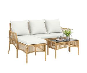 Outsunny Salotto da Giardino Esterno in Rattan 3 Pezzi, Set di Mobili da Giardino con Divano 2 Posti, Chaise Longue, Cuscini Sfoderabili Lavabili, Tavolo in Vetro, Struttura in Acciaio, Naturale/Crema