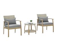 Outsunny Salotto da Giardino in Rattan 3 Pezzi, Set con 2 Poltroncine da Esterno con Cuscini e Tavolino da Caffè in Vetro, Marrone e Grigio