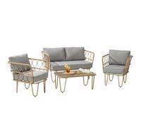 Outsunny Salotto da Giardino Rattan 4 Pezzi con Divano 2 Posti, 2 Poltrone e Tavolino con Piano in Vetro Stile Boho, Cuscini Sfoderabili, Giallo