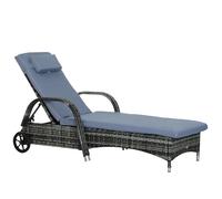 Outsunny Sdraio da Giardino in Polirattan con Schienale Regolabile in 5 Posizioni, Cuscino, Ruote, Portata 160 kg, Sedia Sdraio Relax per Giardino, 200x73x30-103cm, Grigio