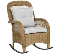 Outsunny Sedia a Dondolo in Stile Boho, Rattan PE, Sedia a Dondolo in Rattan, Coperture per Cuscini Lavabili, Naturale + Grigio Chiaro