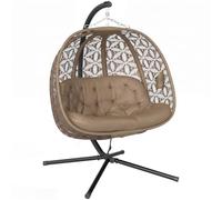 Outsunny Sedia sospesa doppia altalena supporto metallo marrone sabbia | Cuscino spesso imbottito, cesto pieghevole, portabicchieri, per interno ed esterno.