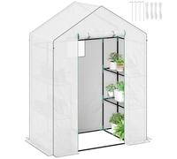 Outsunny Serra accessibile con 3 livelli 4 ripiani 143x74x190 cm Bianco | Piccola serra, copertura in PE rinforzato, serra da giardino, porta arrotolabile, tre finestre a rete