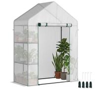 Outsunny Serra da Giardino con Porta Avvolgibile 143x73x195 cm Bianco | Serra per Orto, Scaffale a 2 Ripiani, Struttura in Acciaio, Copertura PE, per Piante Orto Verdure Fiori Frutta, Anti UV