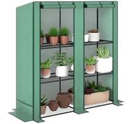 Outsunny Serra da giardino con ripiani in metallo a 3 livelli, serra da balcone, copertura in PE da 140 g/m², porte con cerniera avvolgibili, tetto spiovente, 144 x 48 x 152 cm, verde