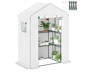 Outsunny Serra da giardino PE con ripiani 3 livelli 140x73x190 cm Bianca | Serra da balcone, copertura rinforzata 135 g/m², telaio acciaio, porta scorrevole cerniera, per verdure, piante, fiori
