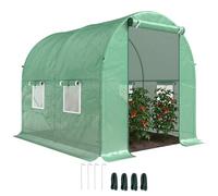 Outsunny Serra da Giardino a Tunnel con Porta Avvolgibile, Serra per Orto con 4 Finestre in PE, Telaio in Tubo d'Acciaio Verniciato e 2 Rinforzi Diagonali, 2.5x2x2m, Verde