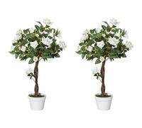 Outsunny Set 2 Alberelli di Rose Finte, Pianta Artificiale Alta 90cm con 21 Fiori e Vaso per Interno ed Esterno, Bianco e Verde