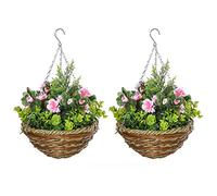 Outsunny Set di 2 Piante Finte Lisianthus da Appendere con Vaso in Vimini