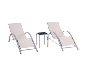 Outsunny Set 2 Sdraio da Giardino e Tavolino in Vetro, Lettino Prendisole con Tessuto Traspirante, 59x169x66cm, Crema