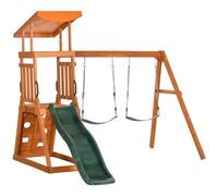Outsunny Set 3 in 1 con Scivolo, 2 Altalene da Giardino e Parete da Arrampicata, Gioco da Esterno per Bambini Età 3-8 Anni, Struttura in Legno con Tettuccio Parasole