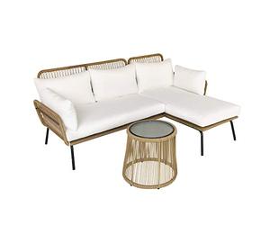 Outsunny Set 3 Pezzi Mobili da Giardino in Rattan Stile Boho Chic, Divano 2 Posti con Chaise Longue e Tavolino, Beige e Caffè