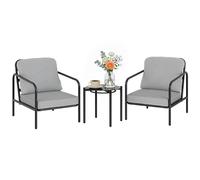 Outsunny Set da Bistrò da 3 Pezzi in Acciaio, Set da Giardino con 2 Sedie con Cuscini Spessi, Tavolino con Piano in Vetro Temperato, per Patio Balcone Terrazzo, Nero e Grigio Chiaro