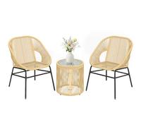 Outsunny Set da Bistrò da 3 Pezzi in Rattan PE e Acciaio, Set da Giardino con 2 Sedie, Tavolo Rotondo con Piano in Vetro Temperato, per Patio Balcone Terrazzo, Beige