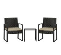 Outsunny Set da bistrot in rattan 3 pezzi, set da giardino in vimini PE, tavolo da bistrot in vetro temperato e sedie con cuscini per patio, balcone, veranda, color cachi