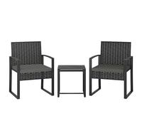 Outsunny Set da bistrot in rattan 3 pezzi, set da giardino in vimini PE, tavolo da bistrot in vetro temperato e sedie con cuscini per patio, balcone, veranda, grigio scuro
