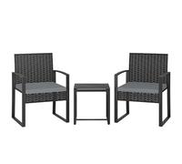 Outsunny Set da bistrot in rattan 3 pezzi, set da giardino in vimini PE, tavolo da bistrot in vetro temperato e sedie con cuscini per patio, balcone, veranda, grigio chiaro
