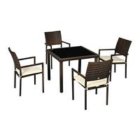 Outsunny Set da Esterni in Rattan PE da 5 Pezzi, Tavolo da Giardino con Piano in Vetro e 4 Sedie con Cuscini, Marrone