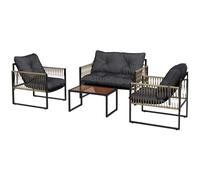 Outsunny Set Mobili da Giardino in Rattan 4 Pezzi, Salotto da Giardino Esterno con Divanetto 2 Posti, 2 Poltrone con Cuscini e Tavolino con Piano in Vetro, Set da Giardino Anti UV per Cortile, Grigio