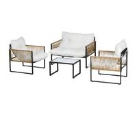 Outsunny Set Mobili da Giardino in Rattan 4 Pezzi, Salotto da Giardino Esterno con Divanetto 2 Posti, 2 Poltrone con Cuscini e Tavolino con Piano in Vetro, Set da Giardino Anti UV per Cortile, Crema