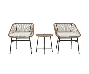 Outsunny Set da Giardino 3 Pezzi in Rattan PE e Acciaio, Set 2 Sedie con Cuscini e Tavolino da Caffè a Cilindro con Piano in Vetro, Set di Mobili da Balcone, per Patio e Cortile, Color Legno