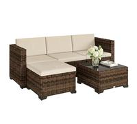 Outsunny Set da giardino in rattan 5 pezzi, set resistente per terrazza, mobili da giardino per esterni con cuscini inclusi, 2 poltrone angolari, poltrona senza braccioli, poggiapiedi e tavolino,