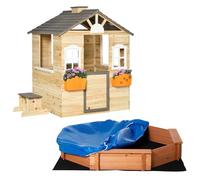 Outsunny Set da Gioco in Legno di Abete con Casetta per Bambini 113x94x134.5 cm con Portavasi e Panca e Sabbiera 139.5x139.5x21.5 cm