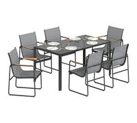 Outsunny Set da sala da pranzo da esterno 7 pezzi per 6 persone, tavolo in vetro e sedie con braccioli decorativi, mobili da giardino in acciaio per terrazza, grigio