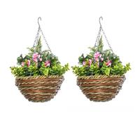 Outsunny Set di 2 Piante Artificiali Lisianthus con Vaso in Vimini e Catenella