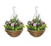 Outsunny Set di 2 Piante Finte Lisianthus da Appendere con Vaso in Vimini
