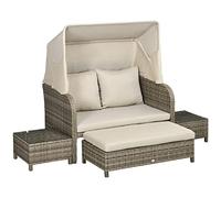 Outsunny Set di 4 mobili da giardino Divano a 2 posti + 1 poggiapiedi + 2 tavolini con cuscini - metallo zincato e resina effetto rattan - beige marrone