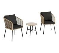 Outsunny Set di mobili da bistrot in rattan, 3 pezzi, con 2 sedie, tavolo in vetro temperato, cuscini, piedini regolabili, per giardino, balcone, finitura in legno naturale